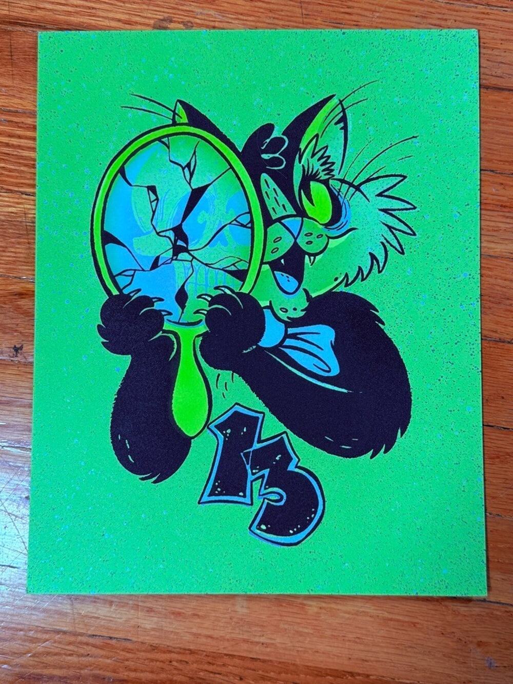 Neon Green Cat with Mirror Pop Art Print, About 8 × 10 in